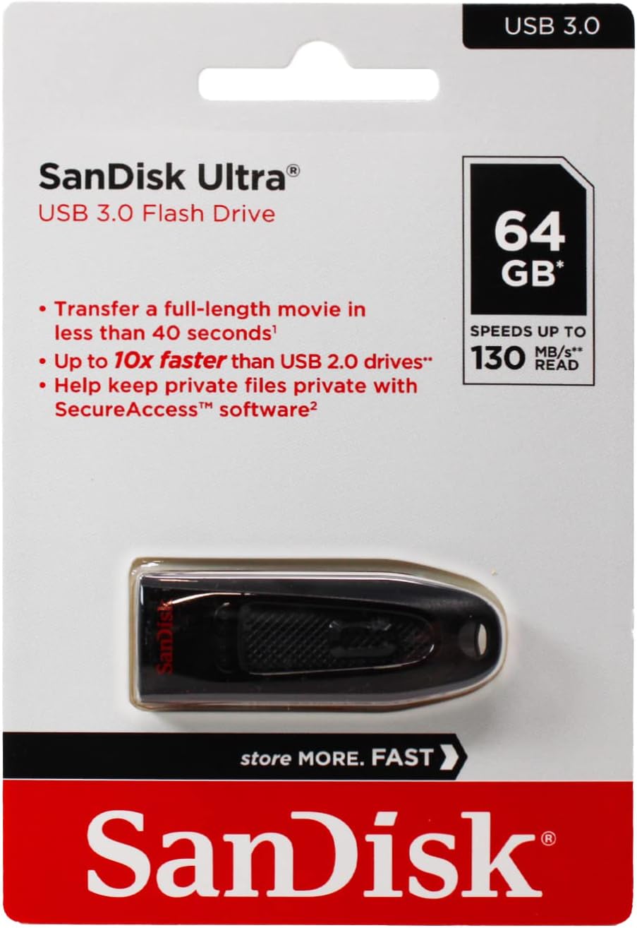 Genuine SanDisk Ultra 64GB USB 3.0 flash drive in retail packaging