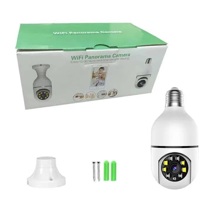 WiFi panorama bulb camera with retail box socket adapter and mounting accessories