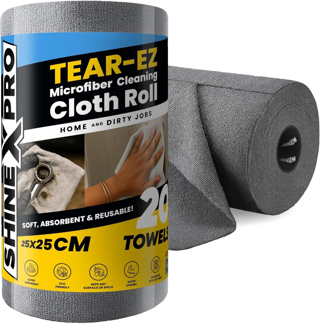 Reusable grey microfiber cleaning cloth roll with key features