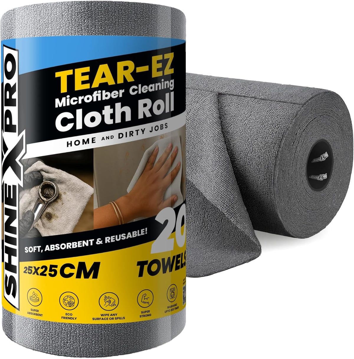 Reusable grey microfiber cleaning cloth roll with key features