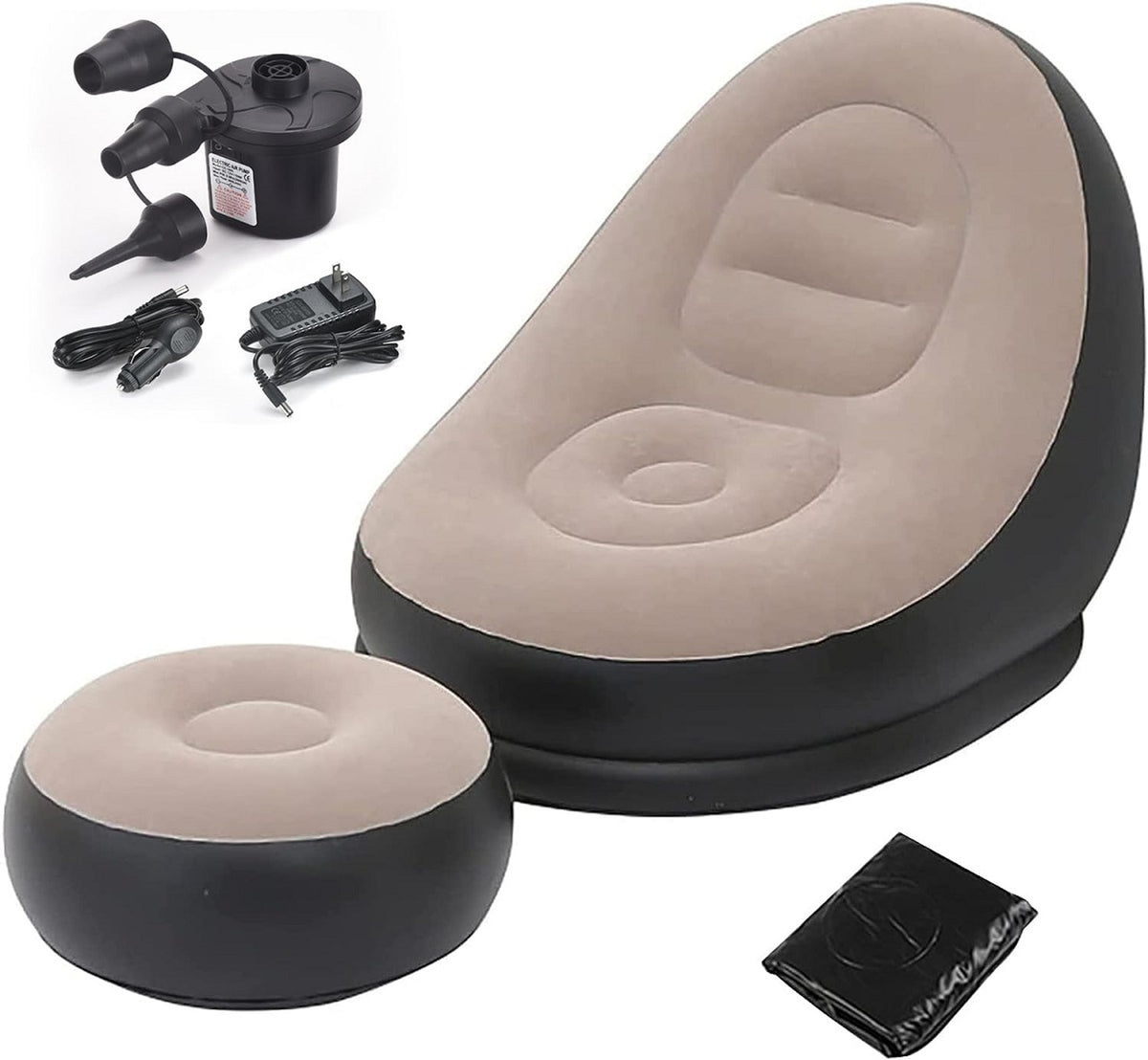 Inflatable lounge chair and ottoman supporting head, shoulders, waist, legs and feet