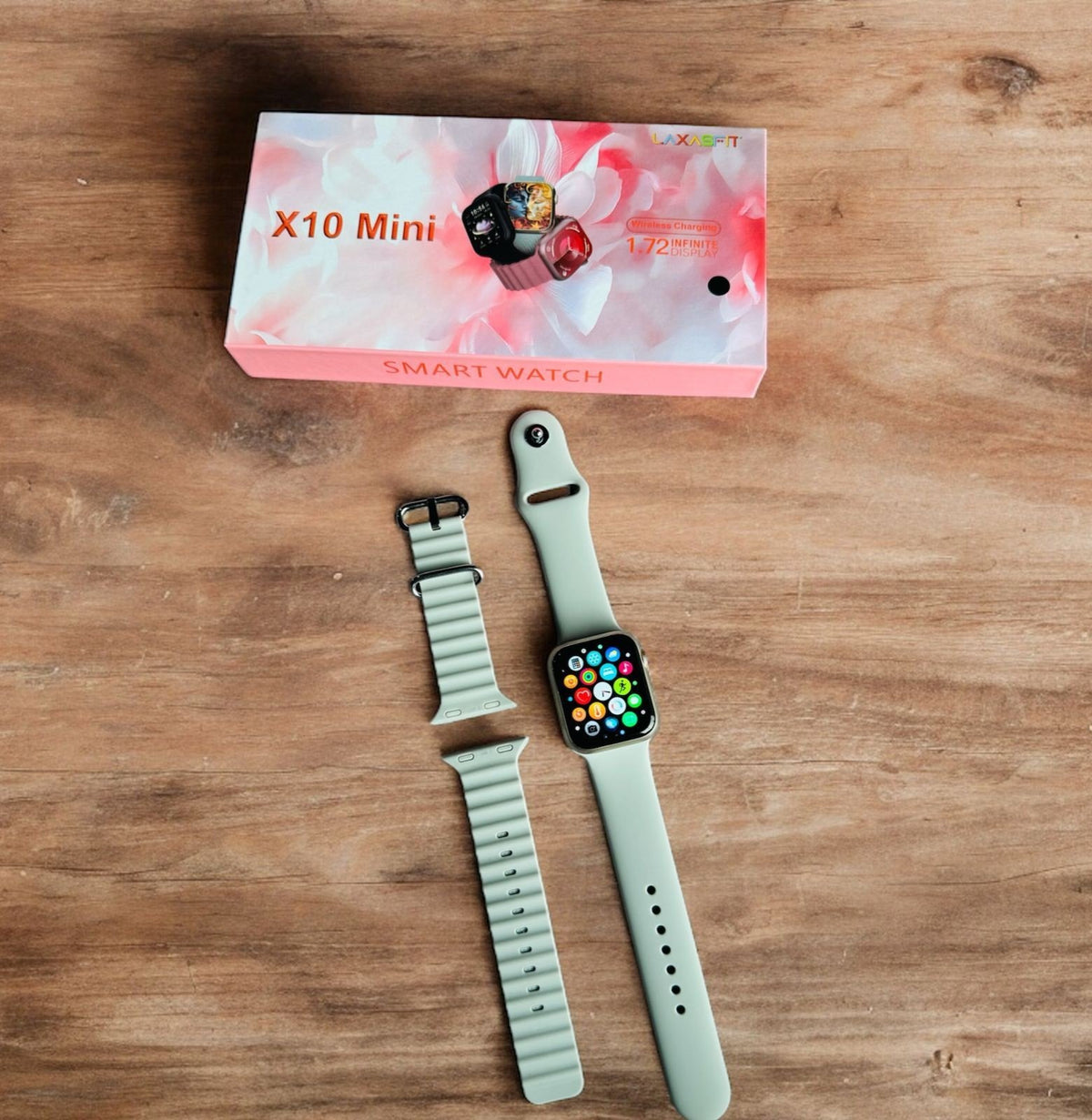 X10 Mini Smart Watch with green strap and retail box