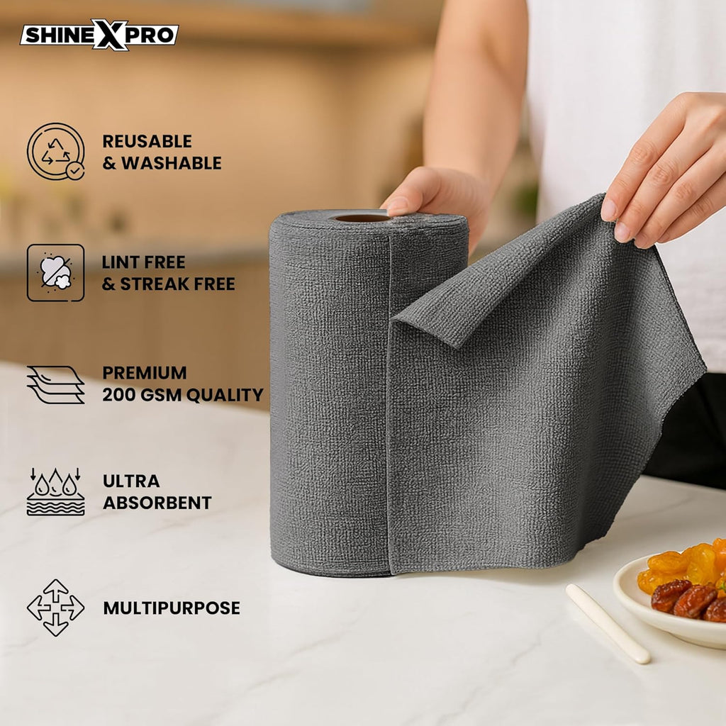 Easy-tear microfiber cleaning cloth roll with pre-cut sheets