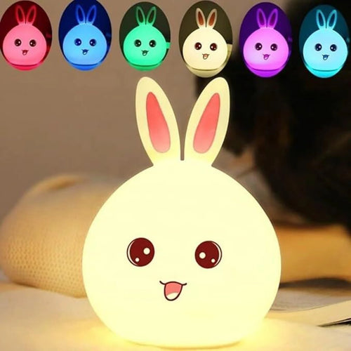 Cute Bunny Silicone Night Light showing 7 color modes - pink, blue, green, white, purple, teal, cyan
