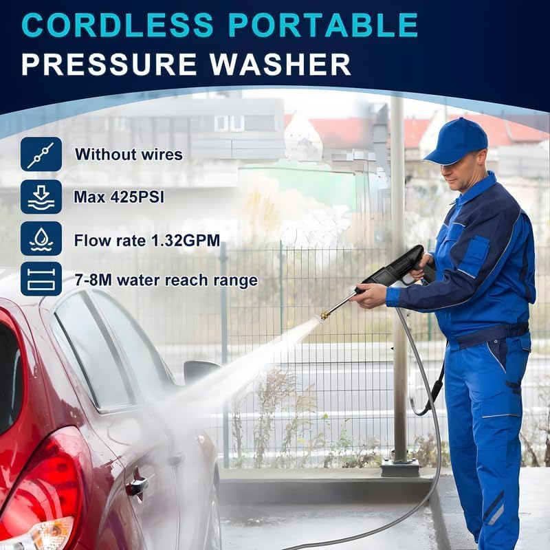 Car & Bike Washer High Pressure Gun TEKCOOL Cordless Portable Wireless Pressure Washer Gun 48V 12000mah High Pressure Water Gun for Car Wash Bike Washing Cleaning| Adjustable Nozzle and 5M Hose Pipe (FDS)