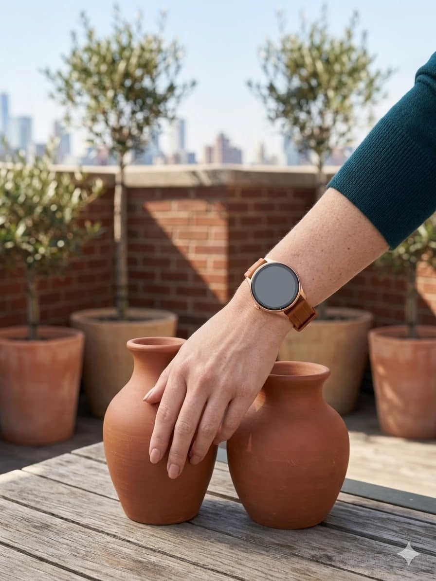 Round smartwatch worn on wrist in outdoor lifestyle setting