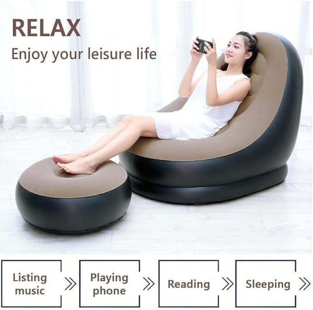 Woman relaxing in inflatable lounge chair with matching footstool