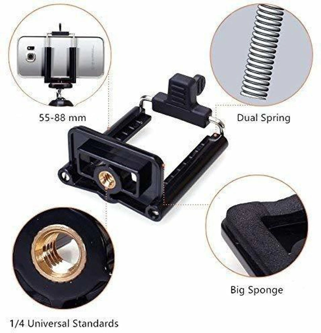 Universal Phone Clip Holder - 55-88mm width, dual spring, big sponge, 1/4 universal standard screw mount feature callouts