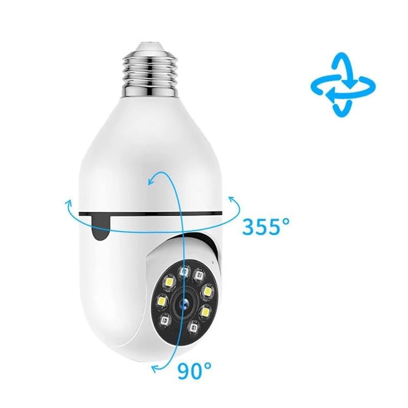 WiFi bulb camera showing 355 degree pan and 90 degree tilt movement