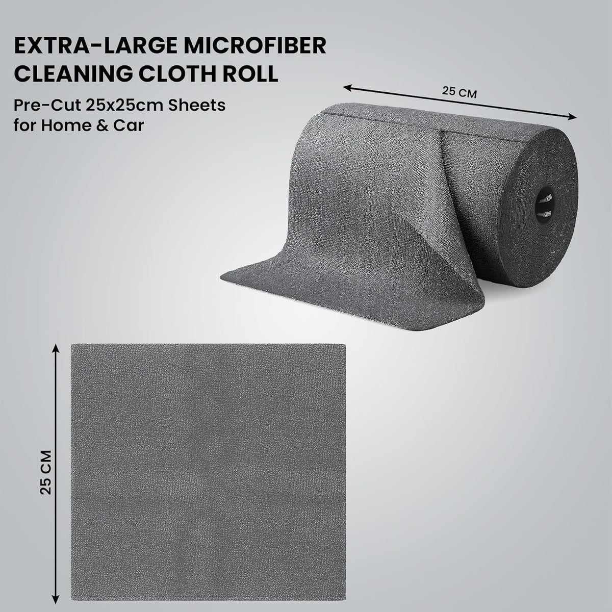 Pre-cut 25 by 25 cm microfiber cleaning sheets on a roll
