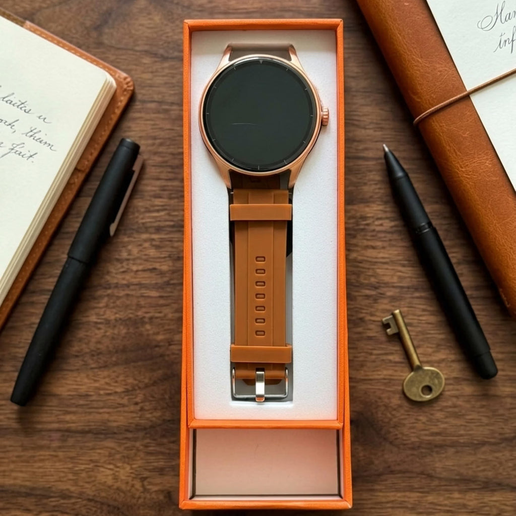 Hyper Watch V19 Pro smartwatch in orange box on desk