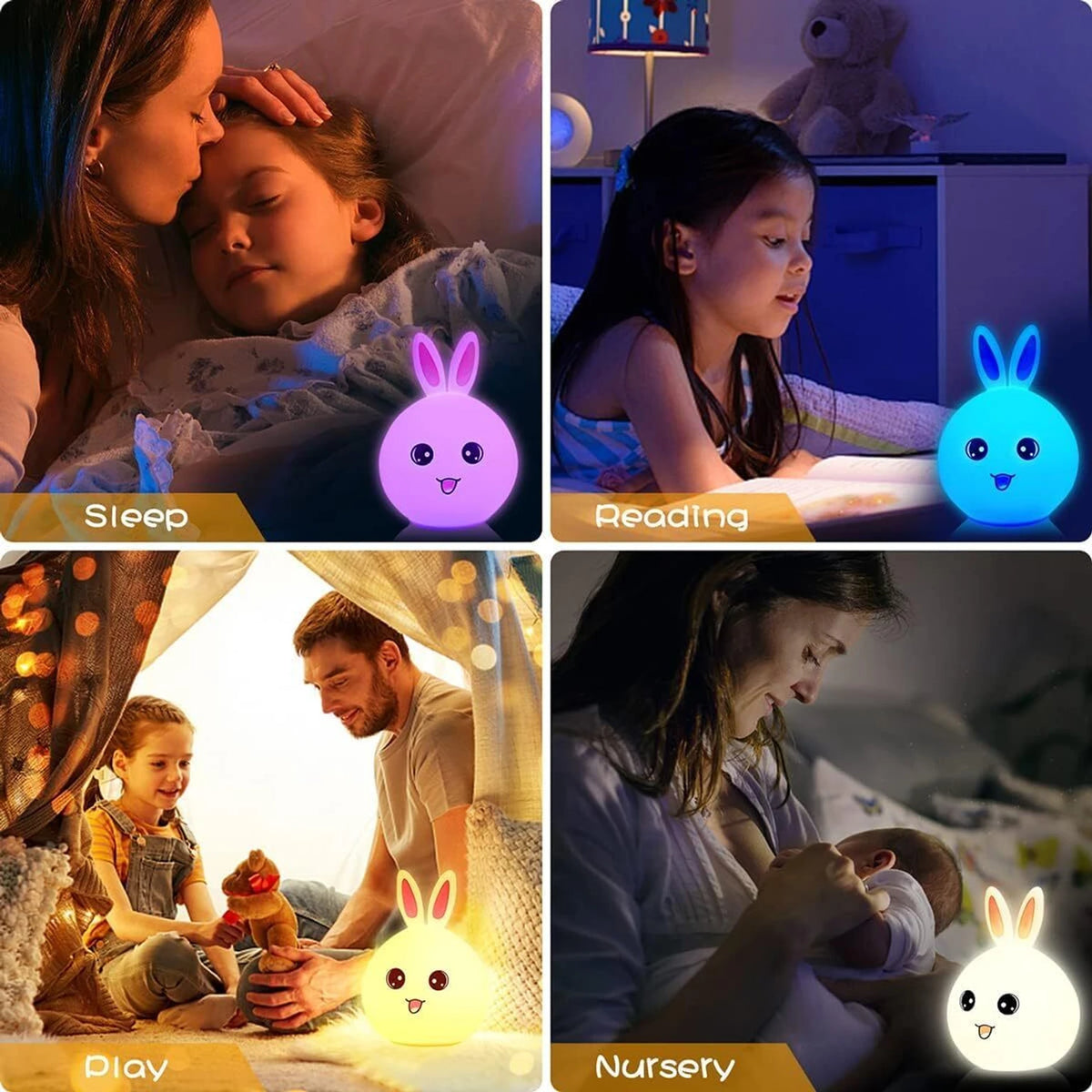 Cute Bunny Night Light use cases - Sleep, Reading, Play, Nursery - mother and child lifestyle shots