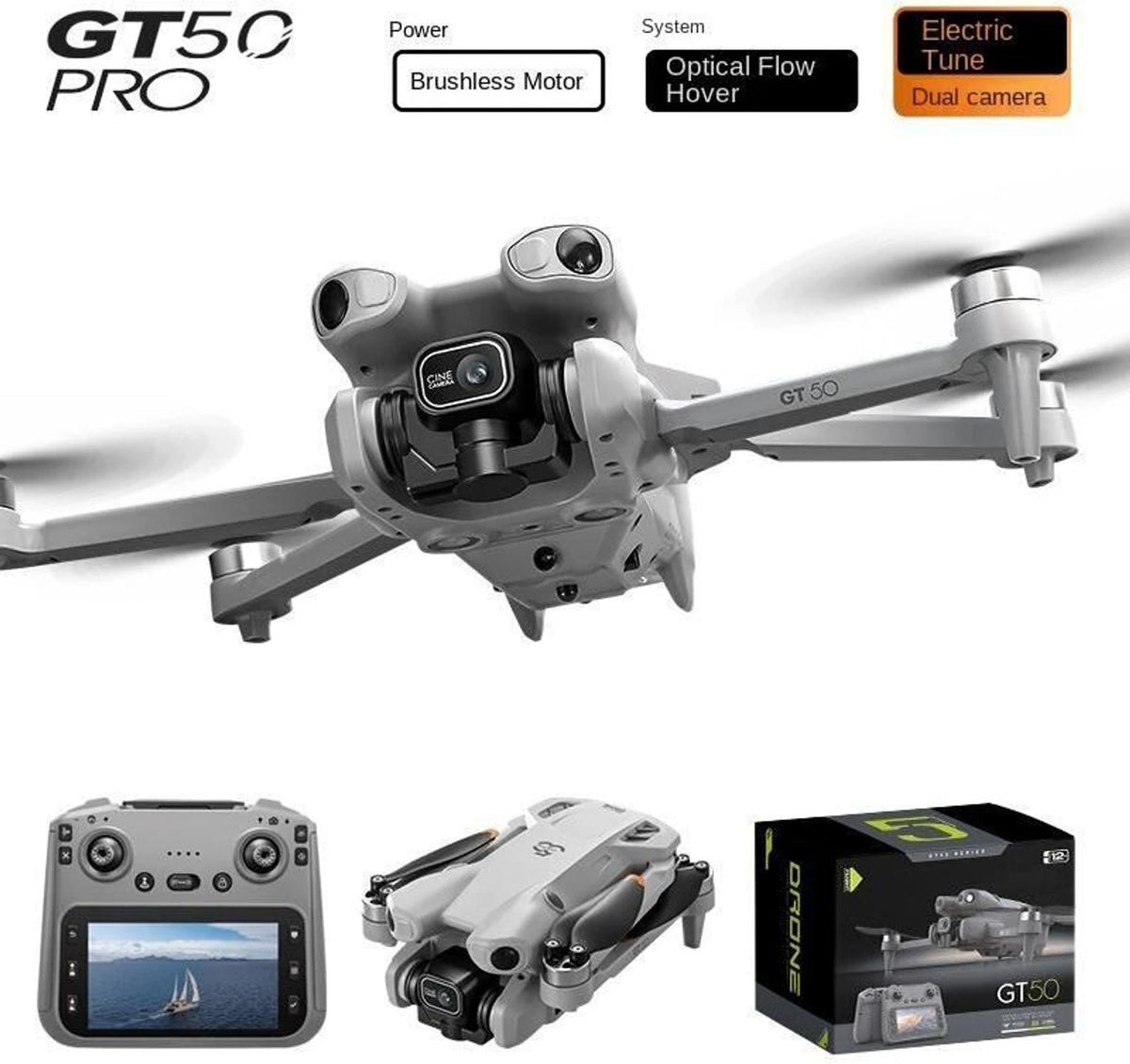 GT50 drone with controller and packaging