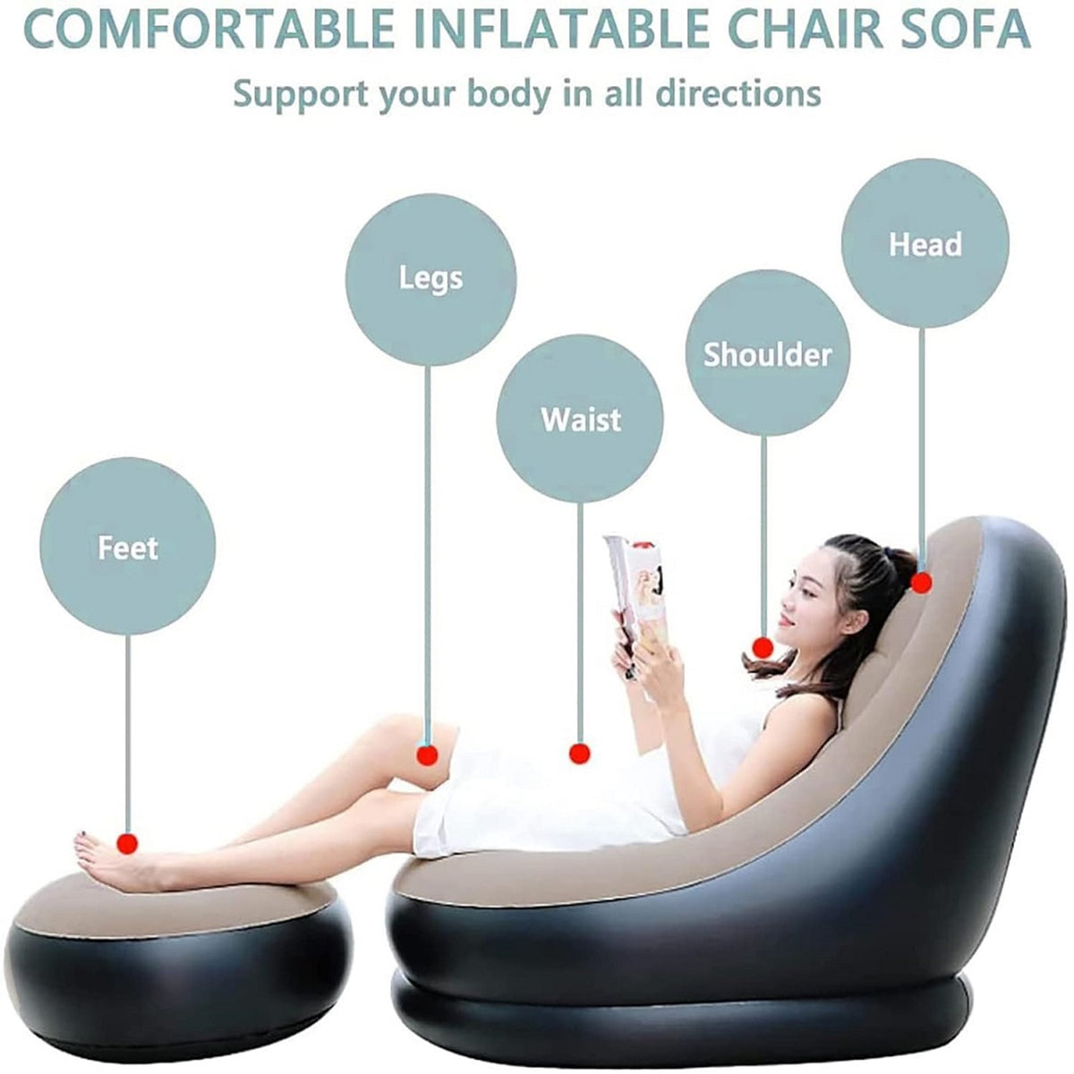 Inflatable lounge chair with ottoman for music, gaming, reading and sleeping
