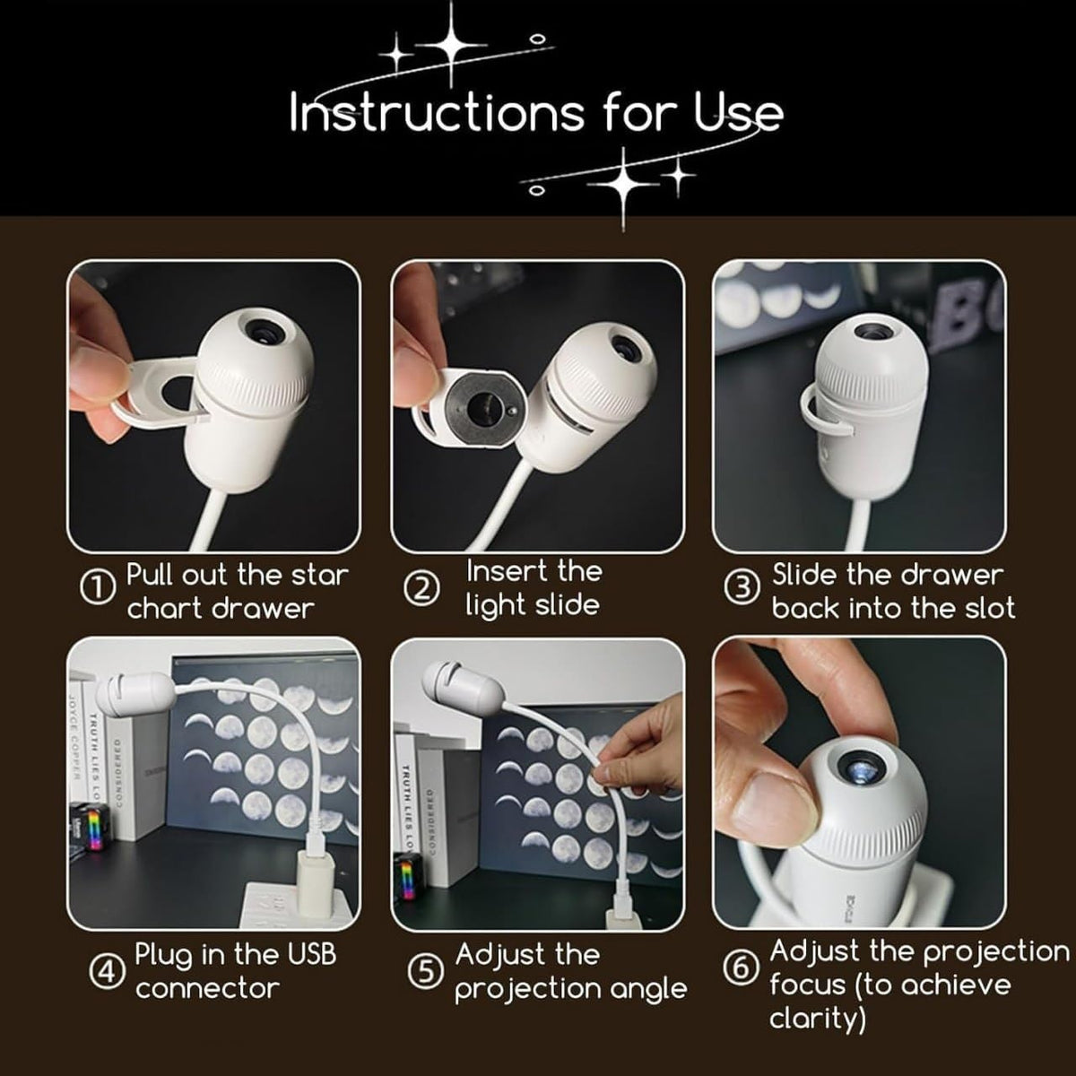 Compact projection nightlight with warm light and USB connector