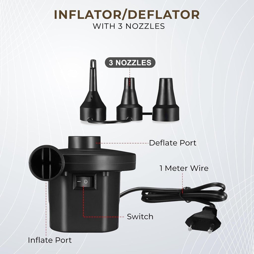 Inflatable lounge chair, footstool, electric pump, adapters and accessory bag