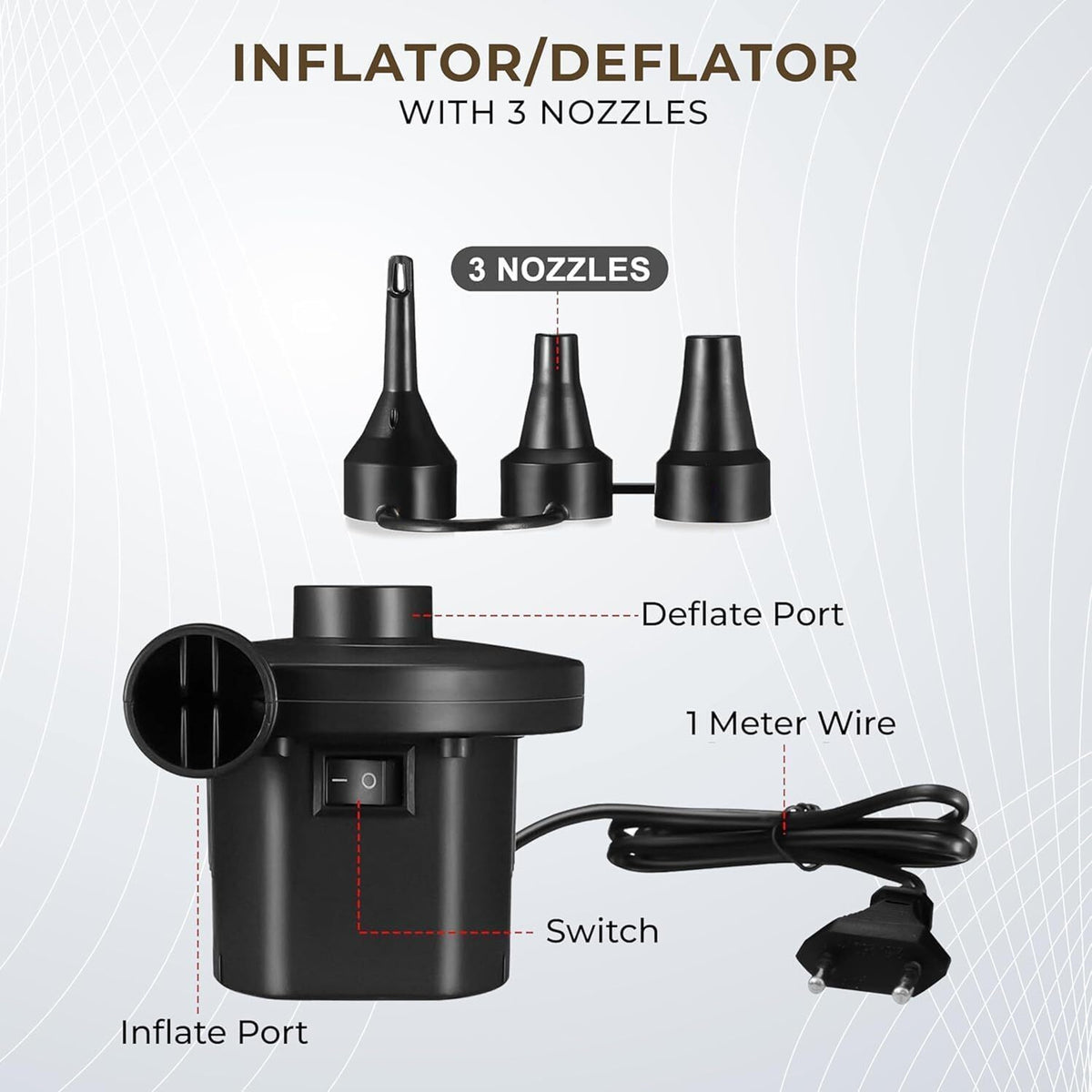 Inflatable lounge chair, footstool, electric pump, adapters and accessory bag