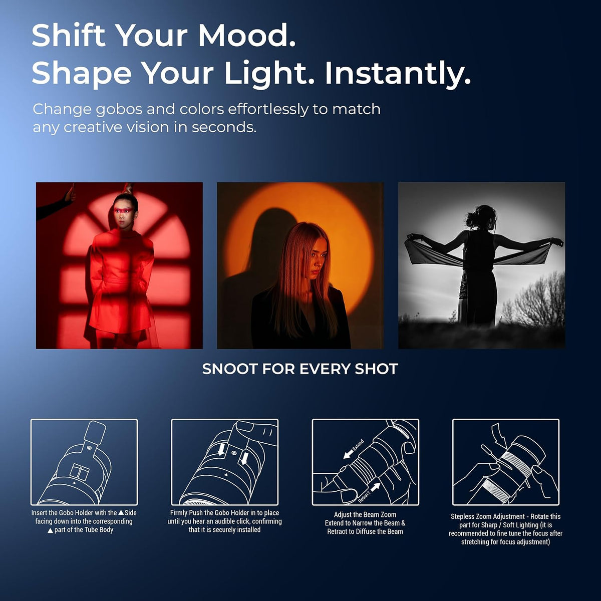 Examples of creative lighting effects with Digitek projector snoot