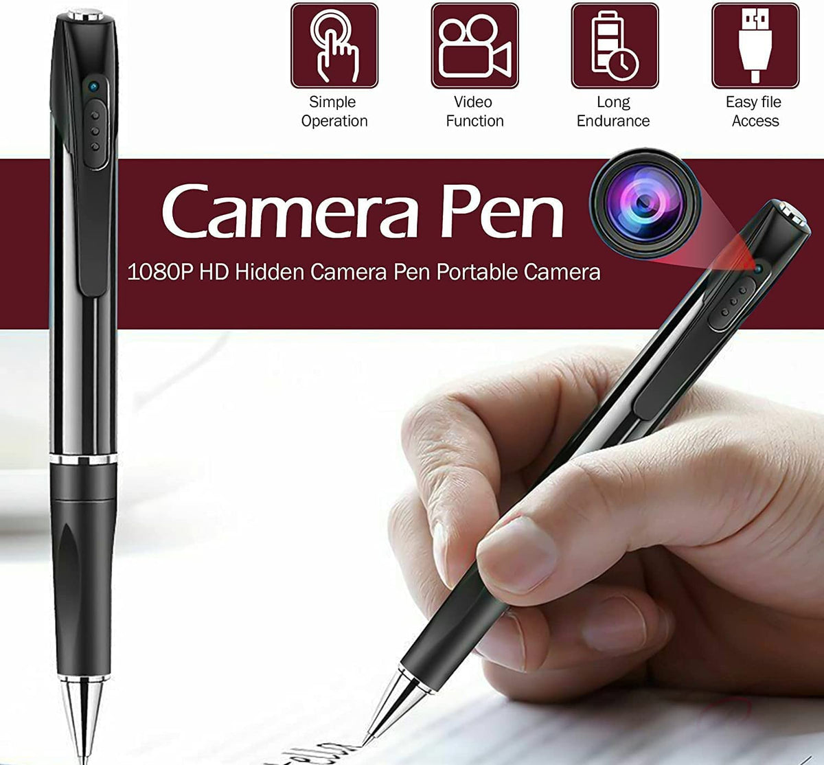Spy Pen Camera buttons lens and charging connection