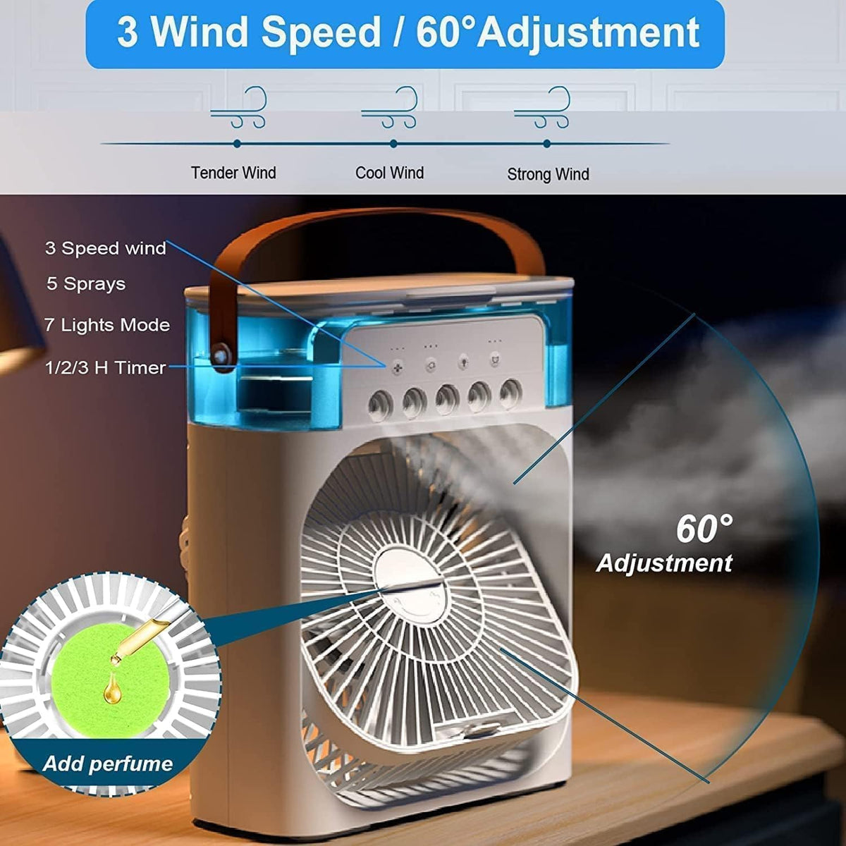 Portable air cooler with handle on white background